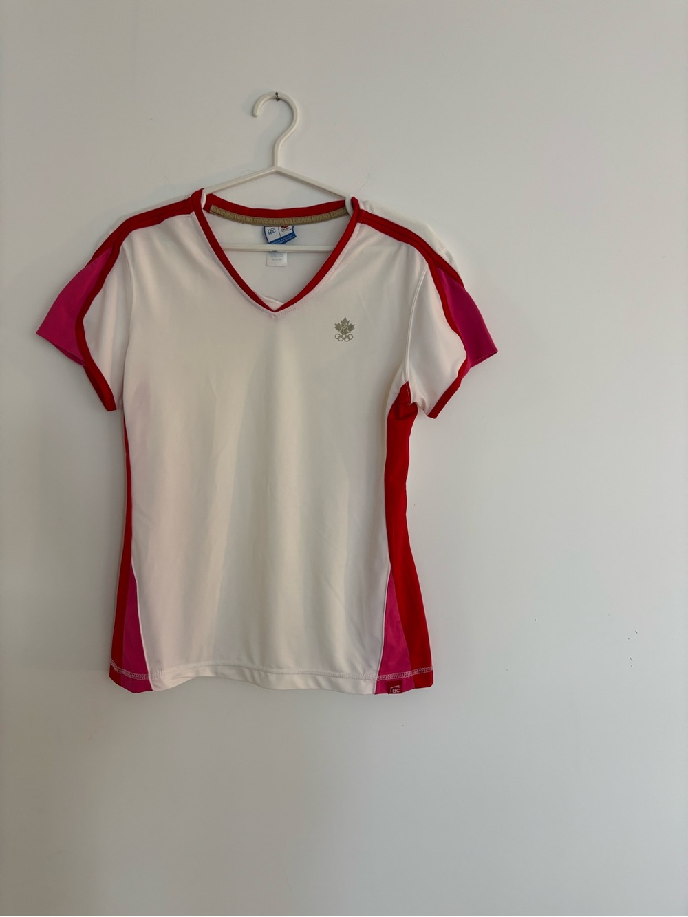 Adidas Women’s Short-Sleeve V-Neck Tee in White, Pink & Red